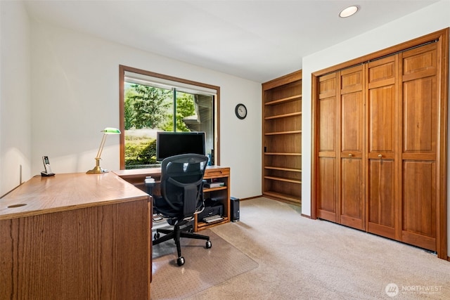 24131 SE 225th St, Maple Valley, WA 98038 - office area featuring light colored carpet, built in shelves, and recessed lighting