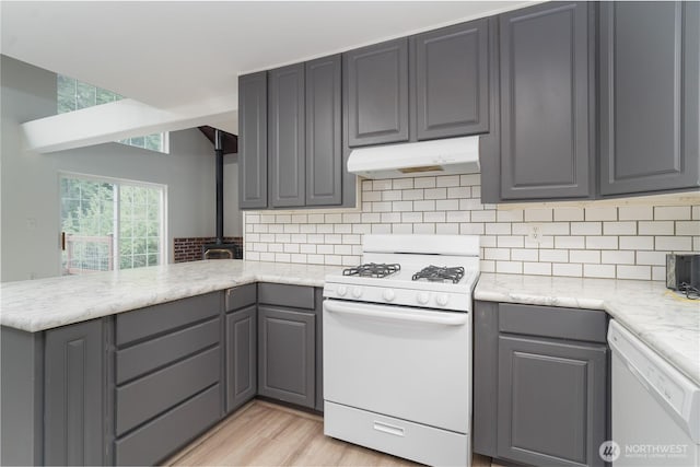 21405 Thompson Creek Rd SE, Tenino, WA 98589 - kitchen featuring white appliances, under cabinet range hood, gray cabinets, and a peninsula