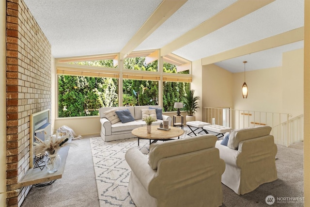 3909 Fielding Ave, Bellingham, WA 98229 - carpeted living room with a textured ceiling and a brick fireplace