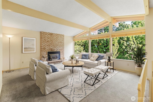 3909 Fielding Ave, Bellingham, WA 98229 - living room with carpet flooring, a fireplace, and a textured ceiling