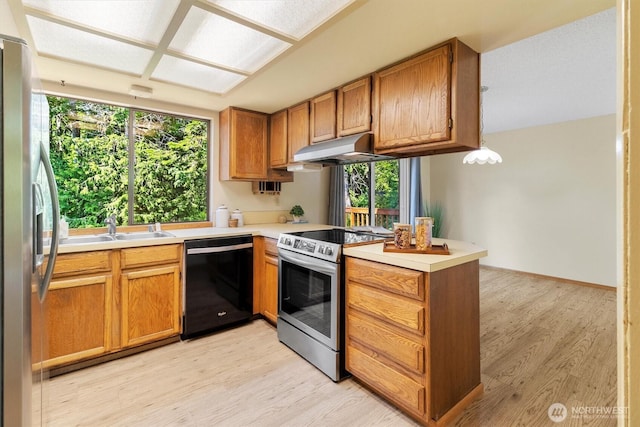 3909 Fielding Ave, Bellingham, WA 98229 - kitchen with appliances with stainless steel finishes, under cabinet range hood, a peninsula, and light wood-style floors