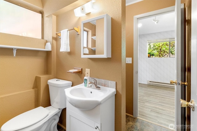 3909 Fielding Ave, Bellingham, WA 98229 - half bathroom featuring vanity, a baseboard heating unit, and a textured wall