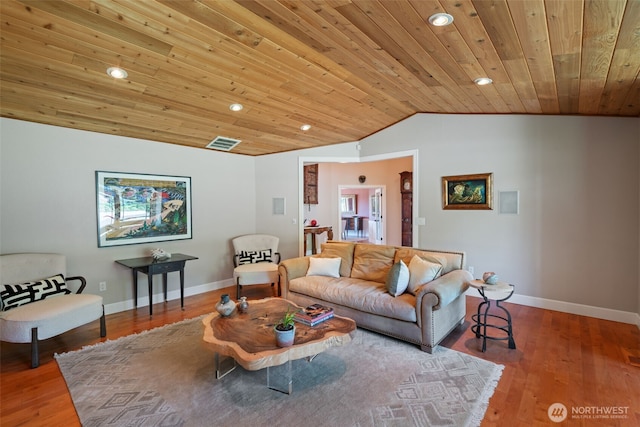 living room with wooden ceiling, vaulted ceiling, recessed lighting, and wood finished floors