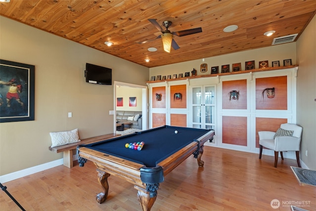 rec room with french doors, pool table, wood ceiling, wood finished floors, and a ceiling fan