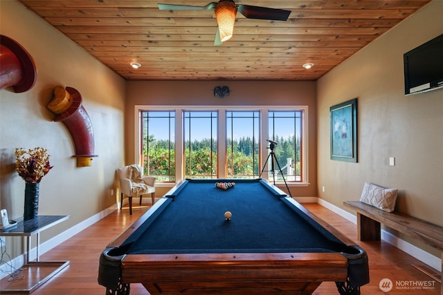 game room with billiards, a ceiling fan, wood finished floors, and wood ceiling