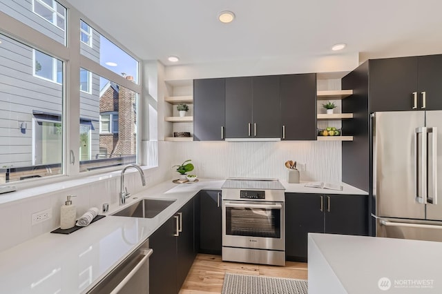 515 Howe St Unit C, Seattle, WA 98109 - kitchen with open shelves, appliances with stainless steel finishes, dark cabinetry, light countertops, and recessed lighting