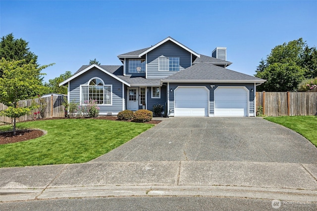 9812 S 247th Ct, Kent, WA 98030 - traditional-style house with driveway, a garage, a chimney, and roof with shingles