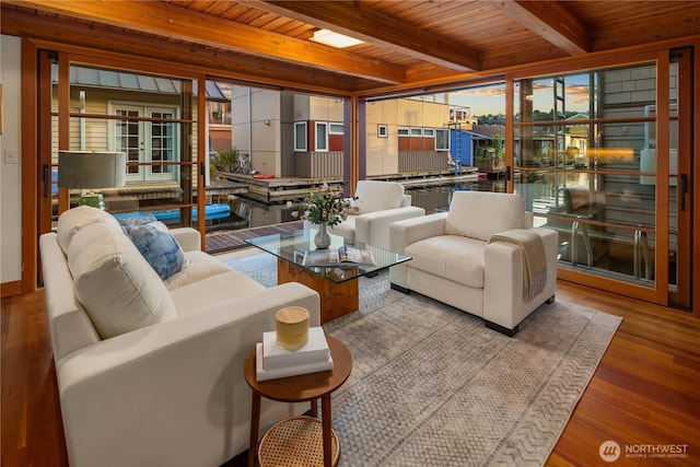 2339 Fairview Ave E Unit L, Seattle, WA 98102 - living area featuring a wood ceiling with exposed beams and wood finished floors