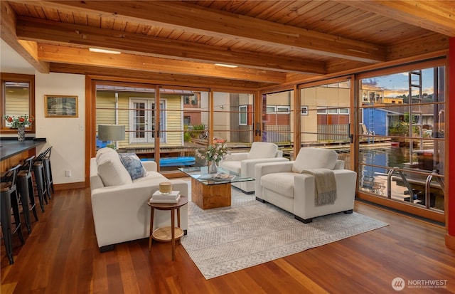 2339 Fairview Ave E Unit L, Seattle, WA 98102 - living area featuring a wooden ceiling with exposed beams and wood finished floors