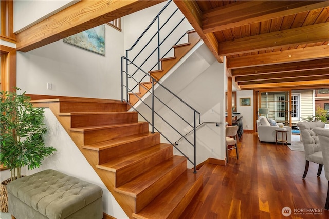 2339 Fairview Ave E Unit L, Seattle, WA 98102 - staircase with wood finished floors and a wooden ceiling with exposed beams