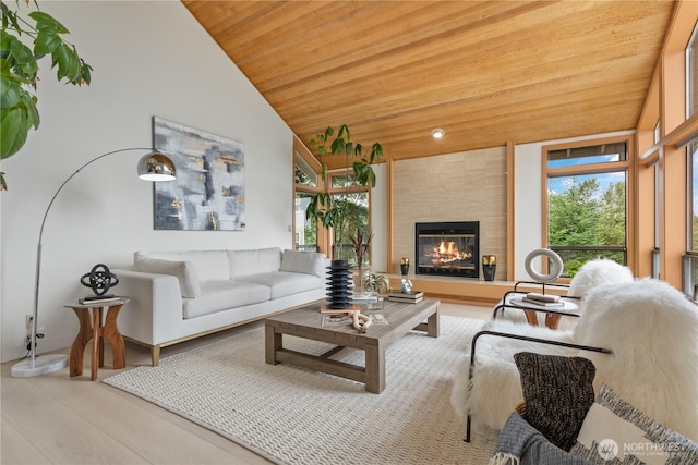 4811 Somerset Dr SE, Bellevue, WA 98006 - living area with wood ceiling, a fireplace, wood finished floors, and high vaulted ceiling