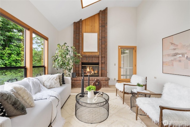 4811 Somerset Dr SE, Bellevue, WA 98006 - living room with high vaulted ceiling, a brick fireplace, and light wood-type flooring
