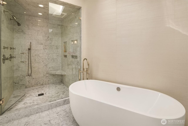 3611 Hunts Point Rd, Hunts Point, WA 98004 - full bath featuring a soaking tub, a stall shower, marble finish flooring, and recessed lighting