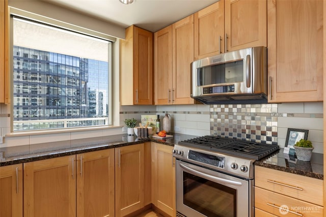 10610 NE 9th Pl Unit 1220, Bellevue, WA 98004 - kitchen featuring stainless steel appliances, backsplash, and dark stone countertops