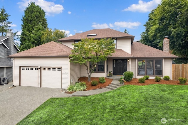 13063 SE 47th Pl, Bellevue, WA 98006 - traditional home featuring asphalt driveway, a garage, a chimney, and a shingled roof