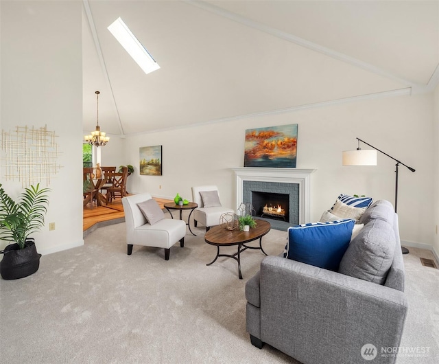 13063 SE 47th Pl, Bellevue, WA 98006 - carpeted living room featuring a chandelier, high vaulted ceiling, a skylight, and a fireplace