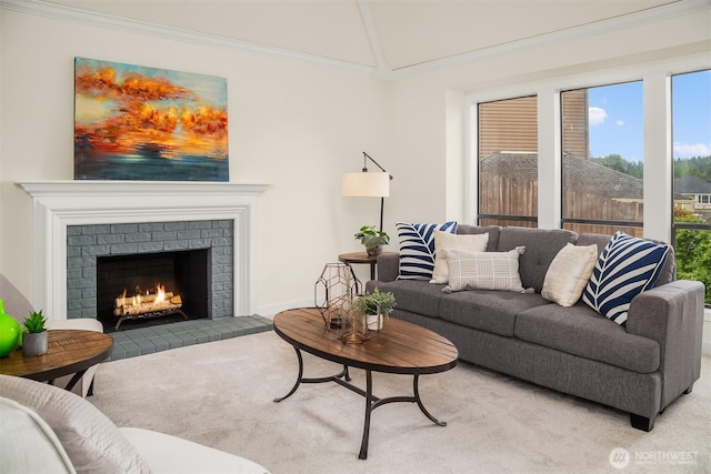 13063 SE 47th Pl, Bellevue, WA 98006 - living area featuring carpet flooring, vaulted ceiling, a fireplace, and healthy amount of natural light
