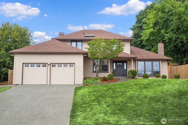 13063 SE 47th Pl, Bellevue, WA 98006 - view of front of property with an attached garage, driveway, a chimney, and roof with shingles