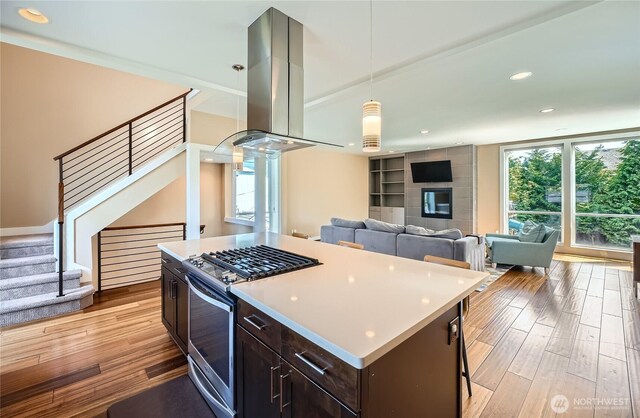 9544 3rd Ave NW, Seattle, WA 98117 - kitchen featuring stainless steel gas stove, island range hood, plenty of natural light, light wood finished floors, and recessed lighting