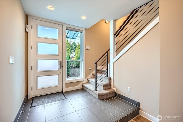 9544 3rd Ave NW, Seattle, WA 98117 - entrance foyer with stairway, tile patterned flooring, and recessed lighting