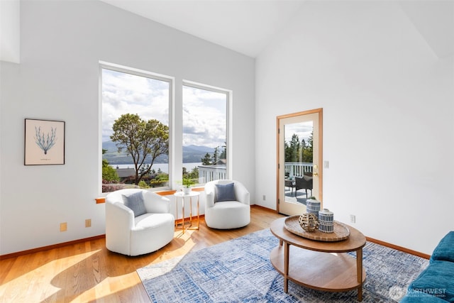 252 Myrtle St, Port Townsend, WA 98368 - living area featuring healthy amount of natural light, wood finished floors, vaulted ceiling, and a mountain view