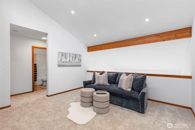 252 Myrtle St, Port Townsend, WA 98368 - living room featuring vaulted ceiling, carpet, and recessed lighting