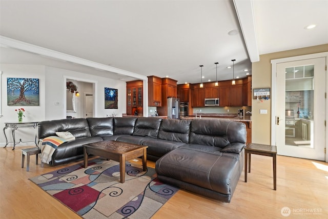 102 E Gibler Ln, Shelton, WA 98584 - living room featuring light wood finished floors, beamed ceiling, and recessed lighting