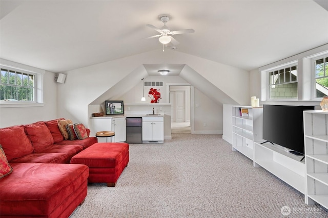 102 E Gibler Ln, Shelton, WA 98584 - living area with a ceiling fan, light colored carpet, and lofted ceiling