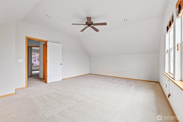 22418 SE 281st St, Maple Valley, WA 98038 - additional living space with vaulted ceiling, a ceiling fan, light carpet, and recessed lighting