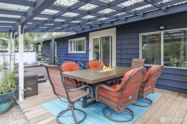 3041 S 201st St, Seatac, WA 98198 - deck featuring a hot tub, outdoor dining space, and a pergola