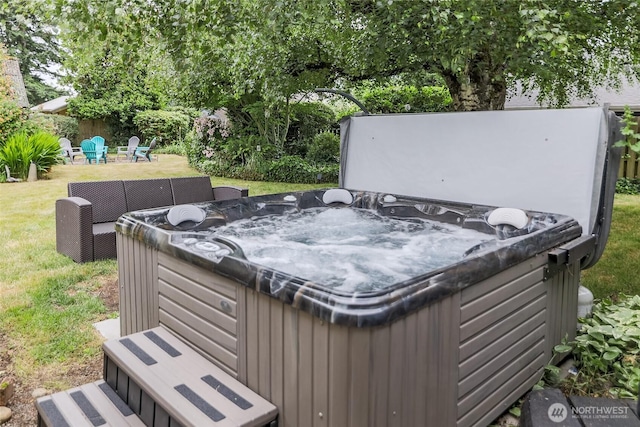 3041 S 201st St, Seatac, WA 98198 - view of green lawn featuring a hot tub and a patio area