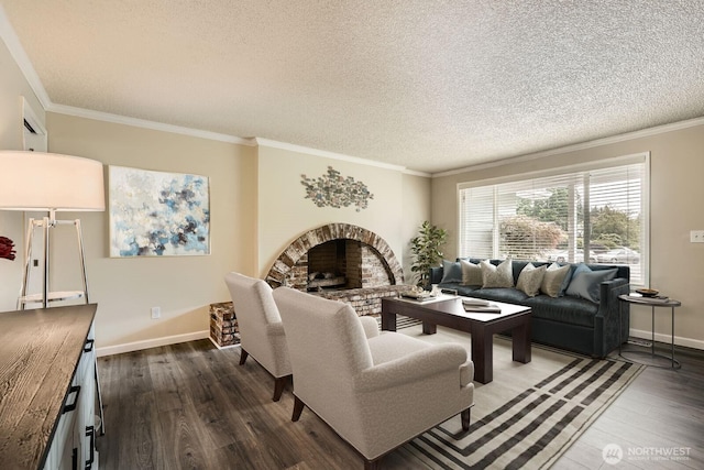 202 Elma Pl SE, Renton, WA 98059 - living area featuring wood finished floors, ornamental molding, a textured ceiling, and a fireplace