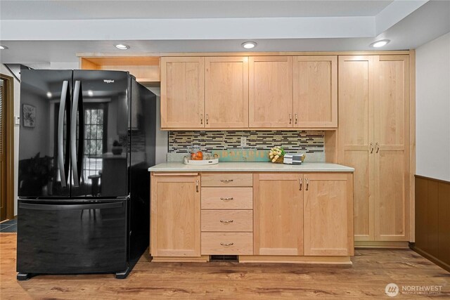29701 52nd Ave E, Graham, WA 98338 - kitchen featuring freestanding refrigerator, light brown cabinetry, light countertops, light wood finished floors, and recessed lighting