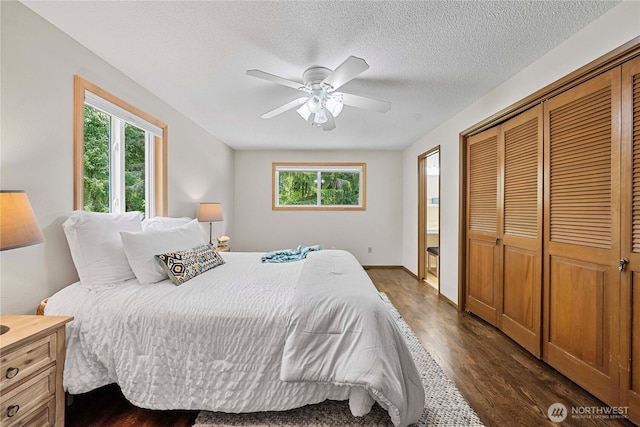 29701 52nd Ave E, Graham, WA 98338 - bedroom featuring multiple windows, dark wood-type flooring, a closet, and a textured ceiling