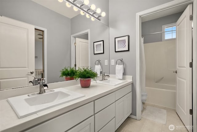 8233 NE 163rd Pl, Kenmore, WA 98028 - full bath with double vanity, shower / tub combo with curtain, and tile patterned floors