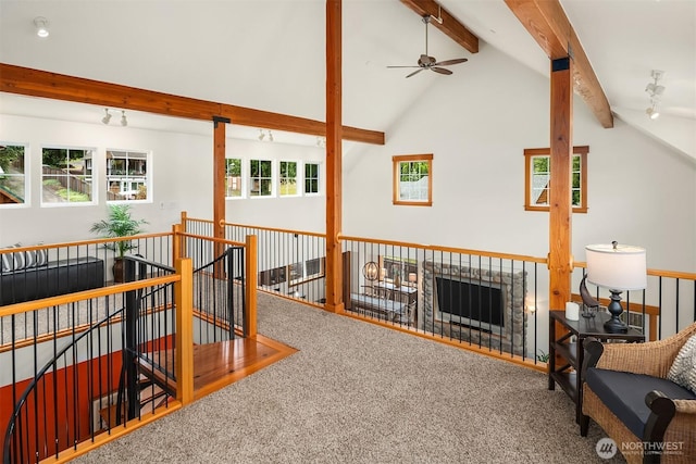 10904 W Lake Joy Dr NE, Carnation, WA 98014 - living area with carpet floors and ceiling fan