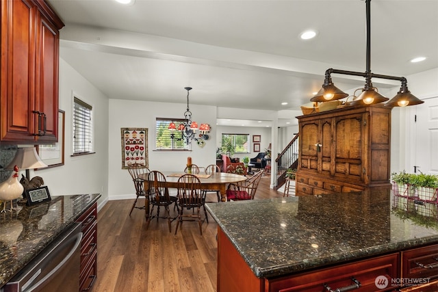 1241 Koontz Rd, Chehalis, WA 98532 - kitchen featuring dark brown cabinets, dishwasher, dark wood finished floors, a chandelier, and recessed lighting