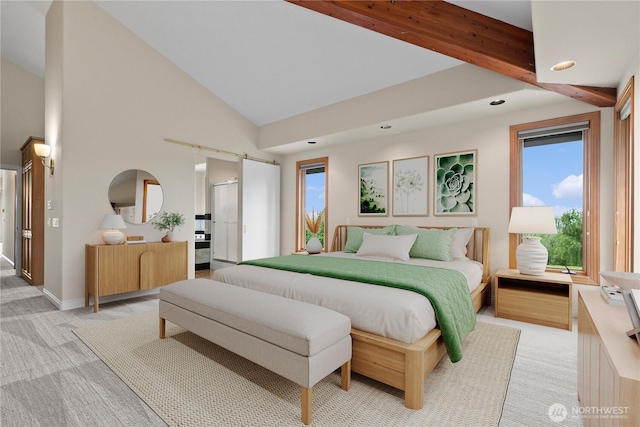 1409 Marietta Ave, Bellingham, WA 98226 - bedroom with recessed lighting, light carpet, high vaulted ceiling, and beam ceiling