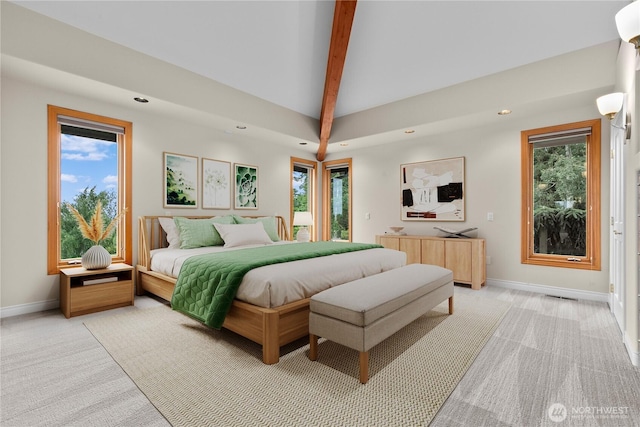 1409 Marietta Ave, Bellingham, WA 98226 - bedroom featuring light carpet, recessed lighting, access to outside, beamed ceiling, and multiple windows