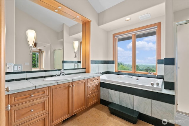 1409 Marietta Ave, Bellingham, WA 98226 - bathroom with vanity, a bath, recessed lighting, and an enclosed shower