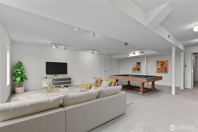 1409 Marietta Ave, Bellingham, WA 98226 - living room featuring billiards, light colored carpet, and track lighting