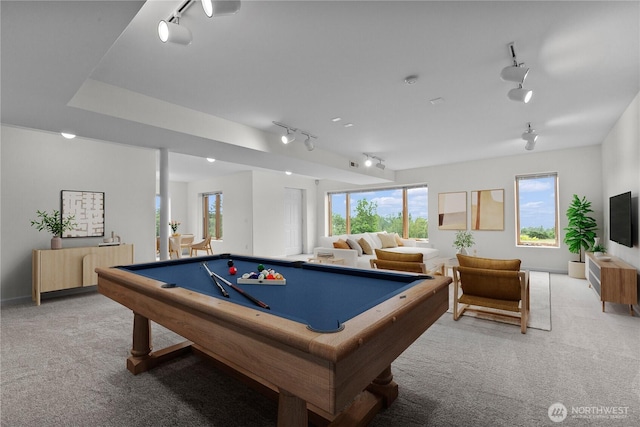 1409 Marietta Ave, Bellingham, WA 98226 - rec room featuring rail lighting, light colored carpet, healthy amount of natural light, and billiards table