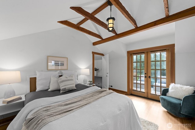 4628 Sunnyside Ave N, Seattle, WA 98103 - bedroom with french doors, access to exterior, light wood finished floors, beam ceiling, and high vaulted ceiling