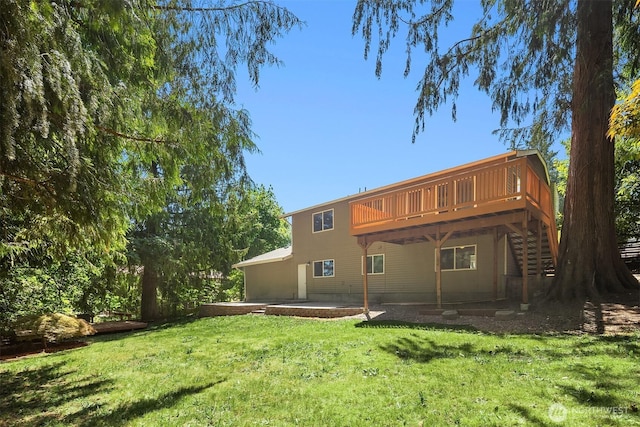 21310 SE 412th Pl, Enumclaw, WA 98022 - rear view of house featuring a wooden deck, a yard, stairs, and a patio area