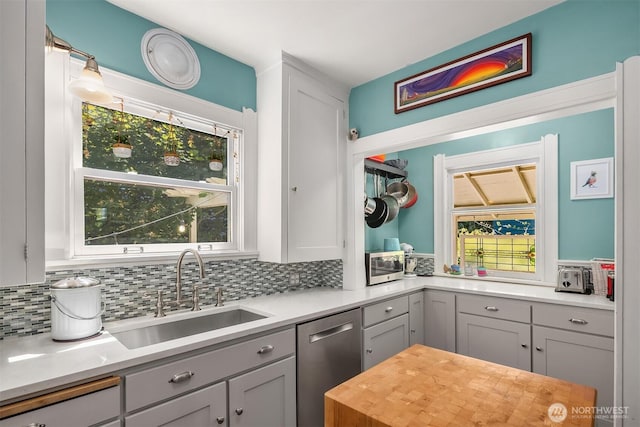 103 NW 62nd St, Seattle, WA 98107 - kitchen with appliances with stainless steel finishes, tasteful backsplash, and gray cabinets