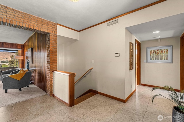 1840 Country Club Dr, East Wenatchee, WA 98802 - corridor with an upstairs landing, crown molding, and wood walls