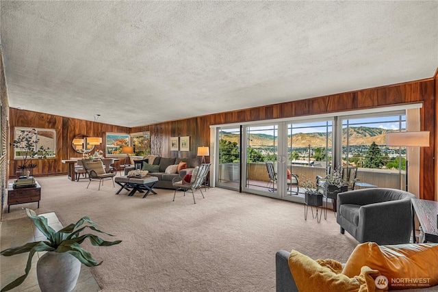 1840 Country Club Dr, East Wenatchee, WA 98802 - carpeted living area with wooden walls, healthy amount of natural light, a textured ceiling, and a mountain view