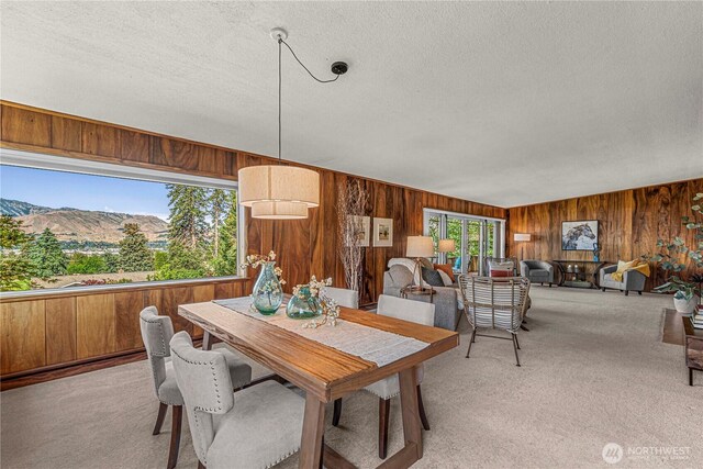 1840 Country Club Dr, East Wenatchee, WA 98802 - dining room with a textured ceiling, wood walls, light carpet, and a mountain view