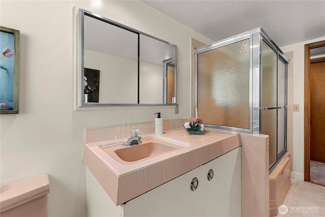 1840 Country Club Dr, East Wenatchee, WA 98802 - bathroom featuring an enclosed shower, vanity, a bathtub, and tile patterned flooring