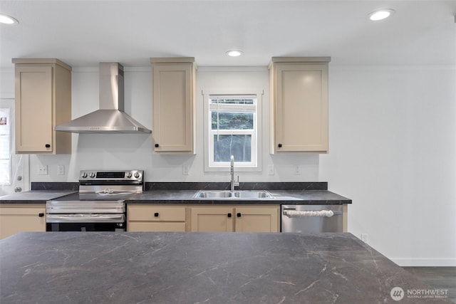 1264 Russell Dr, Coupeville, WA 98239 - kitchen featuring wall chimney range hood, stainless steel appliances, dark countertops, and recessed lighting
